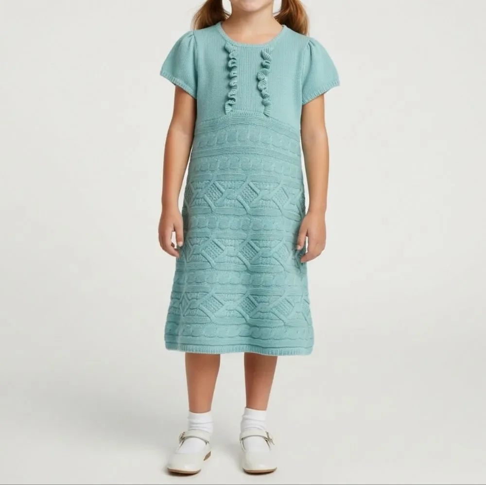 Gymboree Cable Knit Sweater Dress Girls Size 10 Aqua Blue Short Sleeve Ruffle